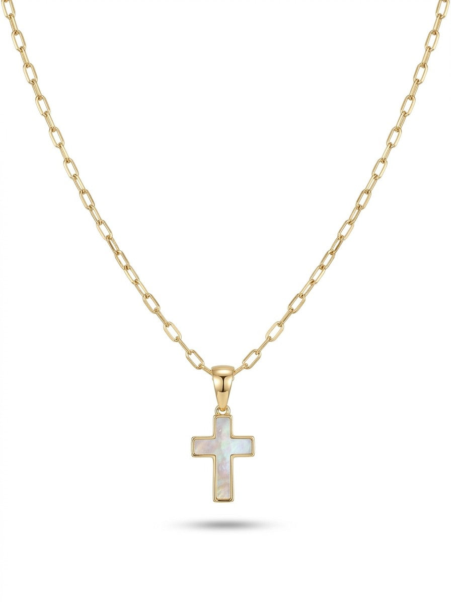 Collar Cruz Nácar Enchapado en Oro de 18k