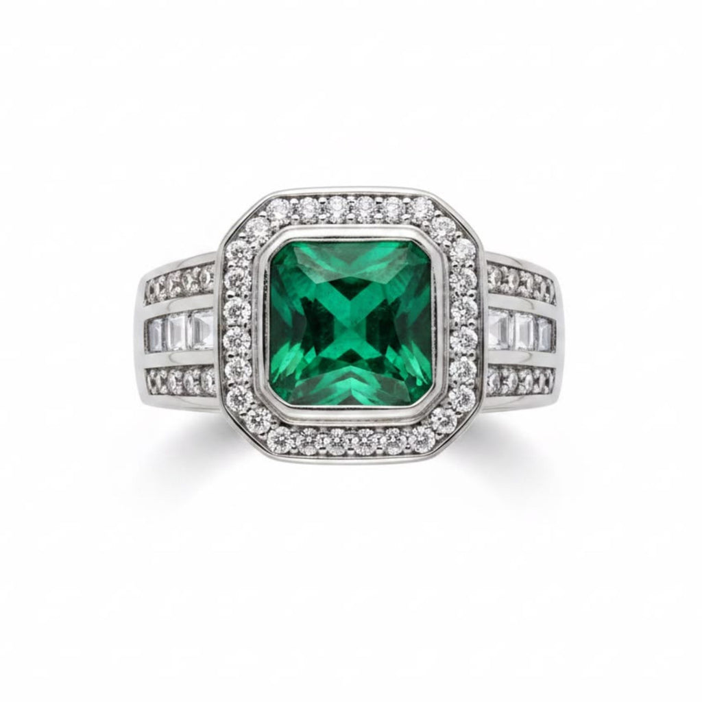 Anillo Sello Esmeralda Halo Plata 925