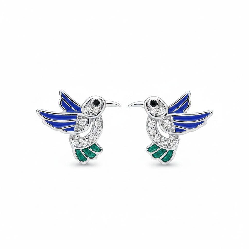 Aros Colibrí Azul/Verde Plata 925