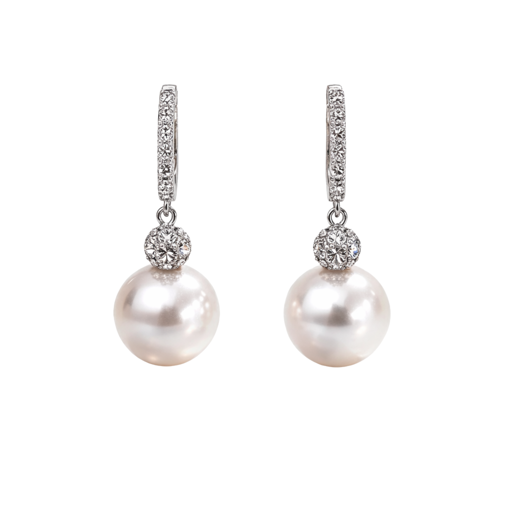 Aros Colgantes con Perla Cultivada y Diamantes Oro Blanco 18k