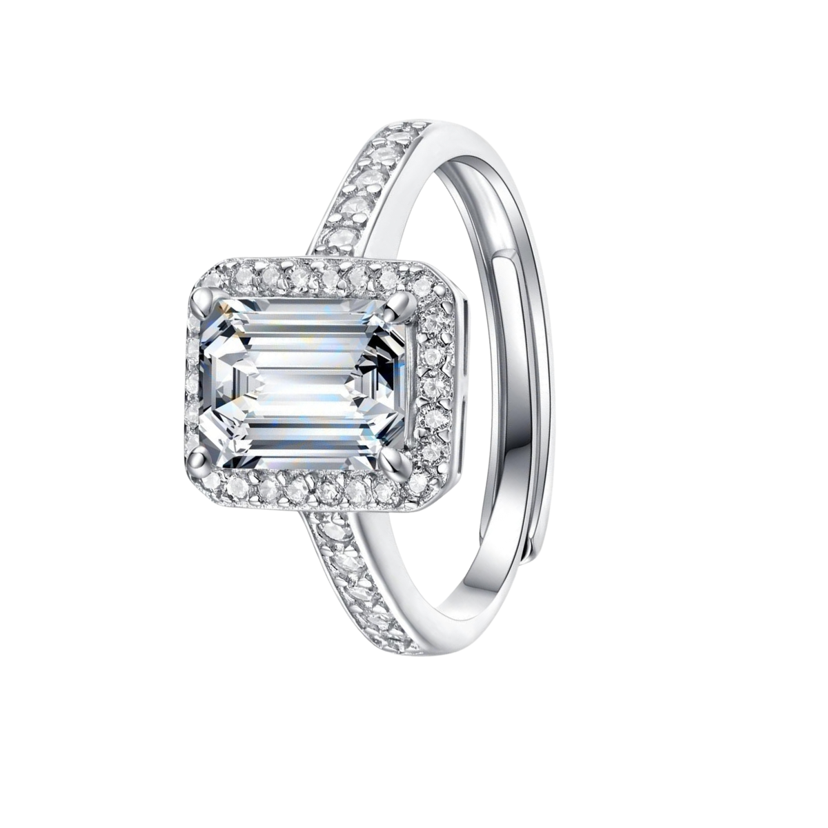 Anillo Rectangular Halo Pavé de Moissanita en Plata 925