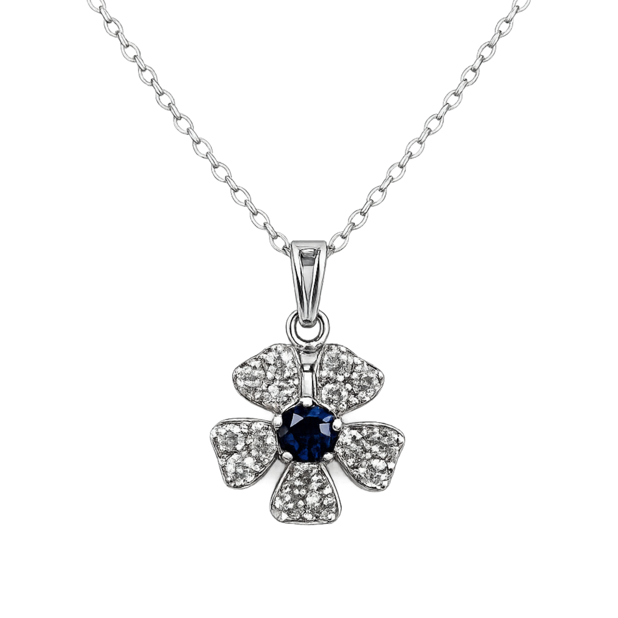 Collar Trébol con Zafiro Azul y Diamantes en Oro Blanco 18k