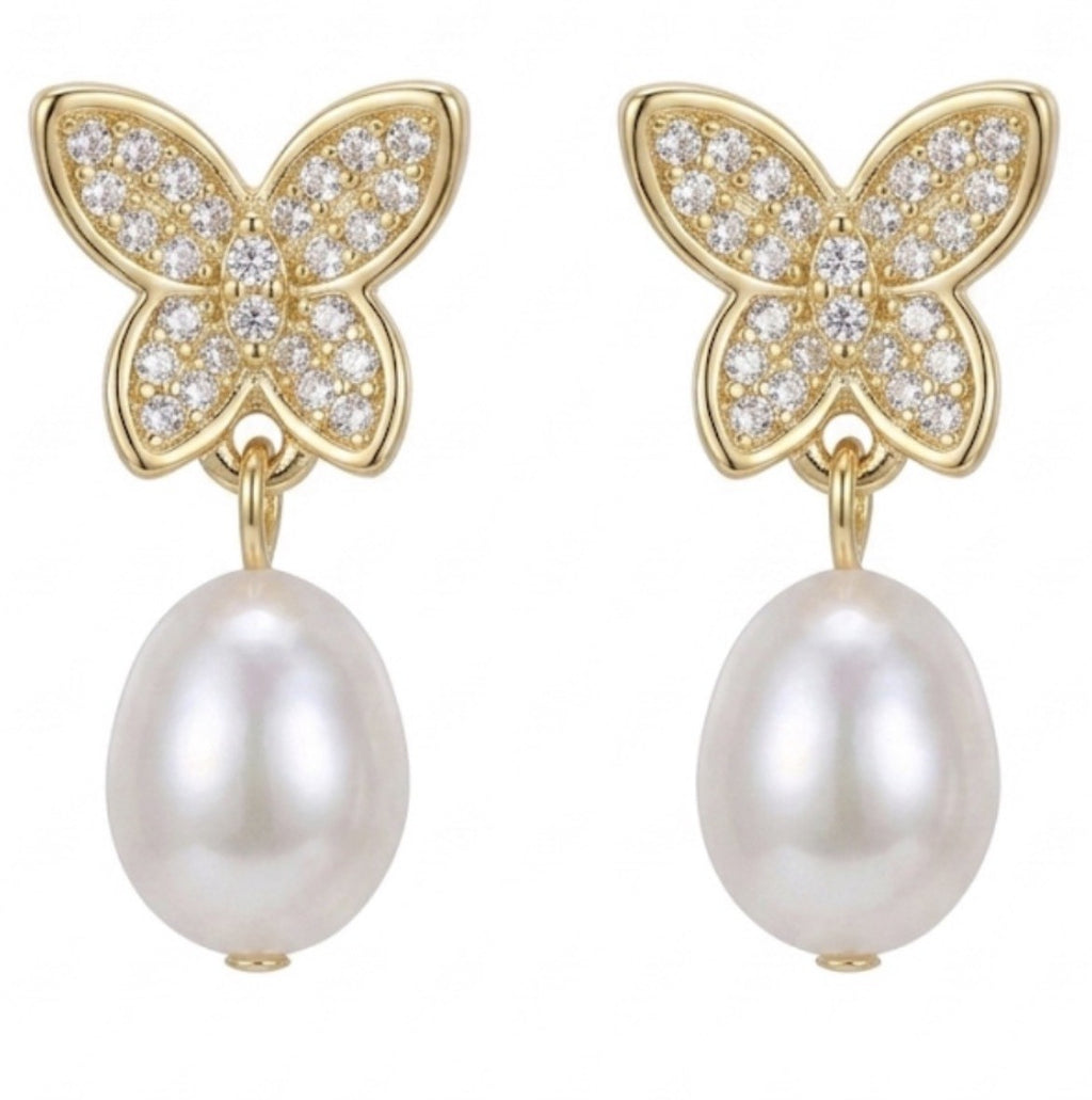 Aros Mariposas Perlas Colgantes Enchapado en Oro 18K