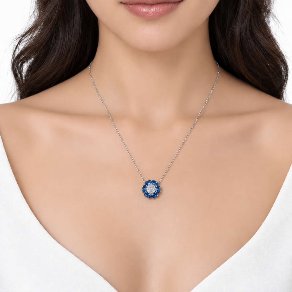 Collar Flor Azul Plata 925 40–45 cm