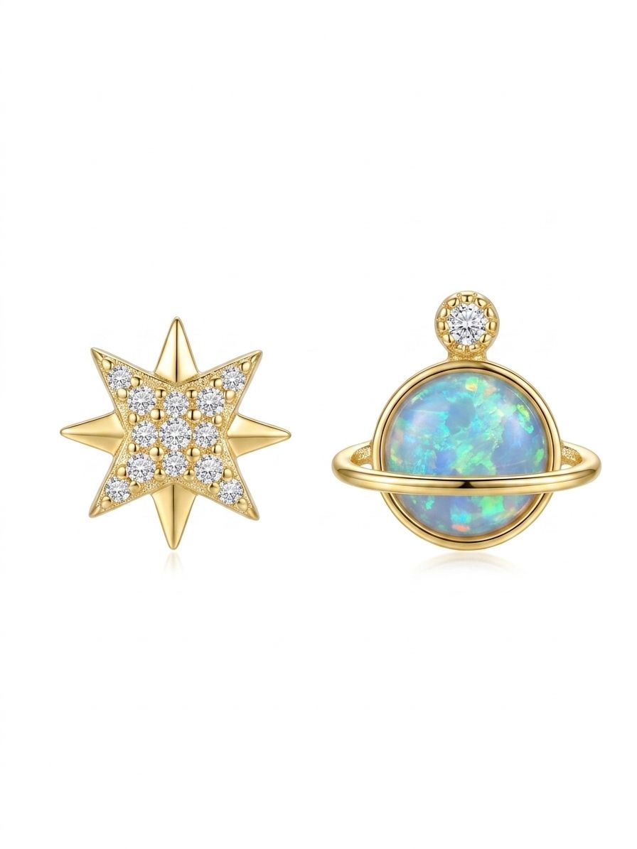 Aros Saturno Estrella Plata 925 Bañado en Oro