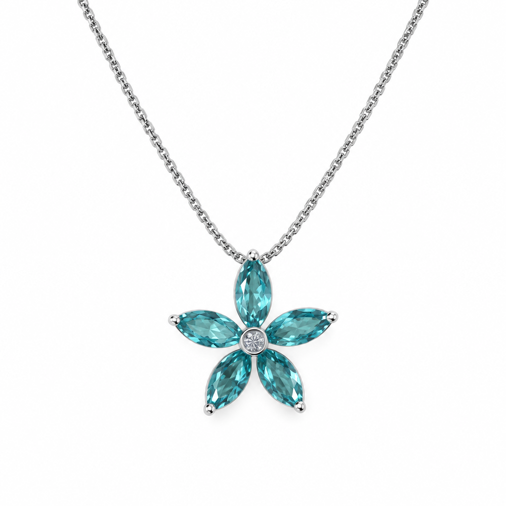 Collar Flor Verde Agua Plata 925 45 cm
