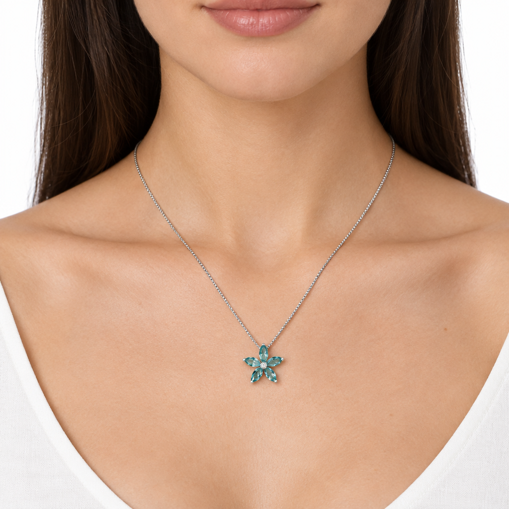 Collar Flor Verde Agua Plata 925 45 cm