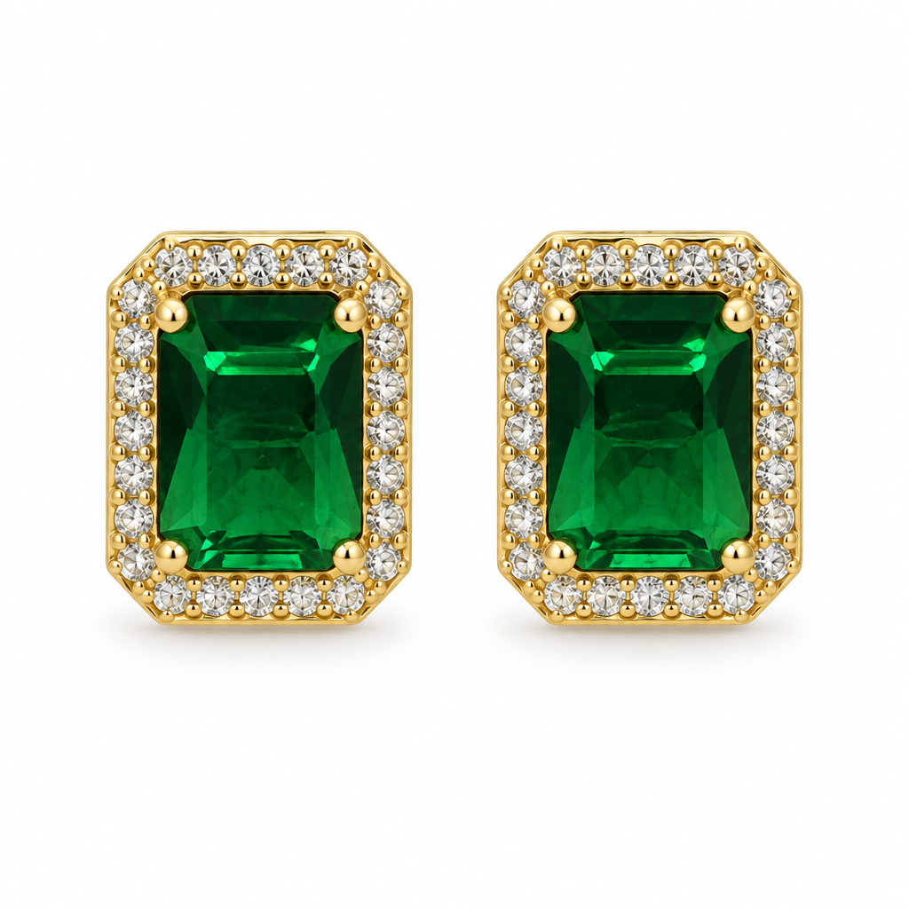 Aros Rectangulares Esmeralda con Halo Enchapados en Oro 13