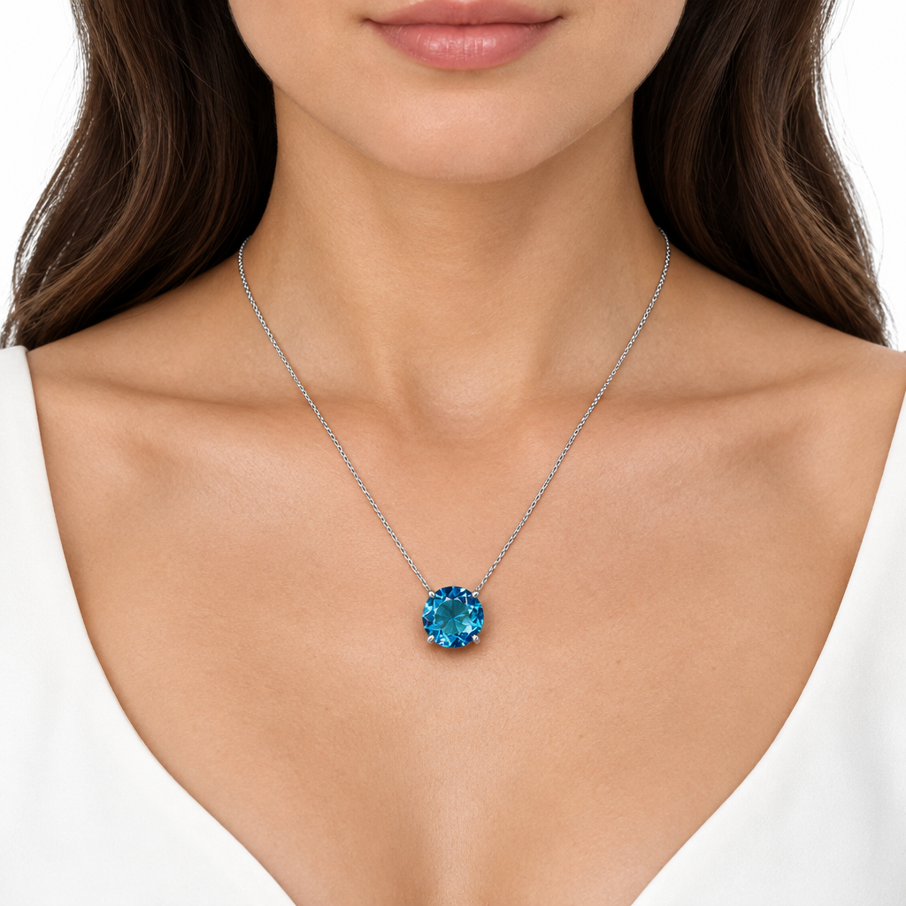 Collar Piedra Celeste Redonda Plata 925 45cm