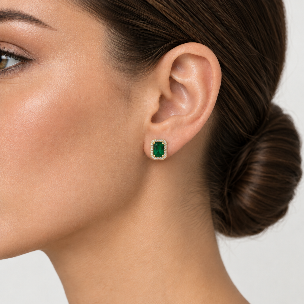 Aros Rectangulares Esmeralda con Halo Enchapados en Oro 13