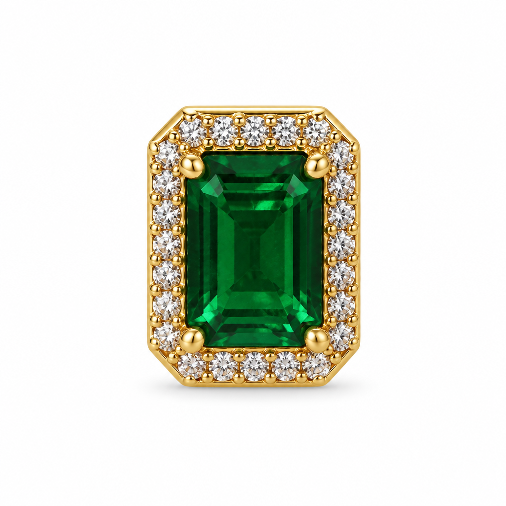 Aros Rectangulares Esmeralda con Halo Enchapados en Oro 13