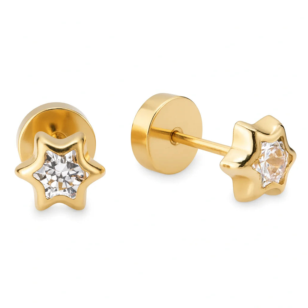Aros de Bebé Oro Amarillo 18k con Estrella y Circón