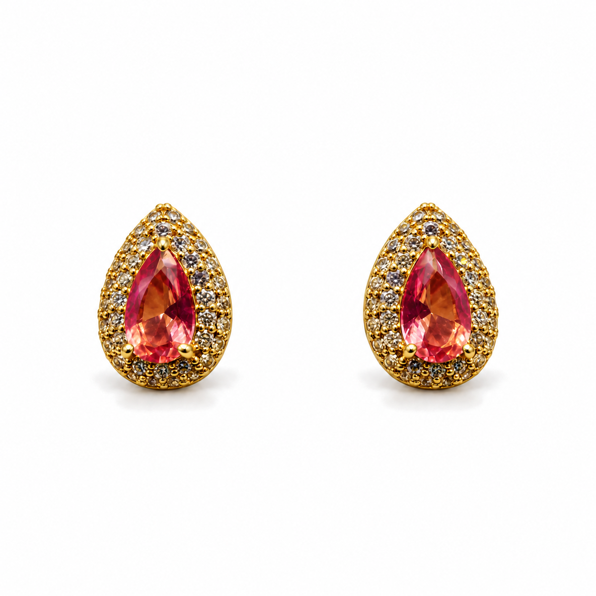 Aros Gota Rubi con Halo Enchapados en Oro 12mm