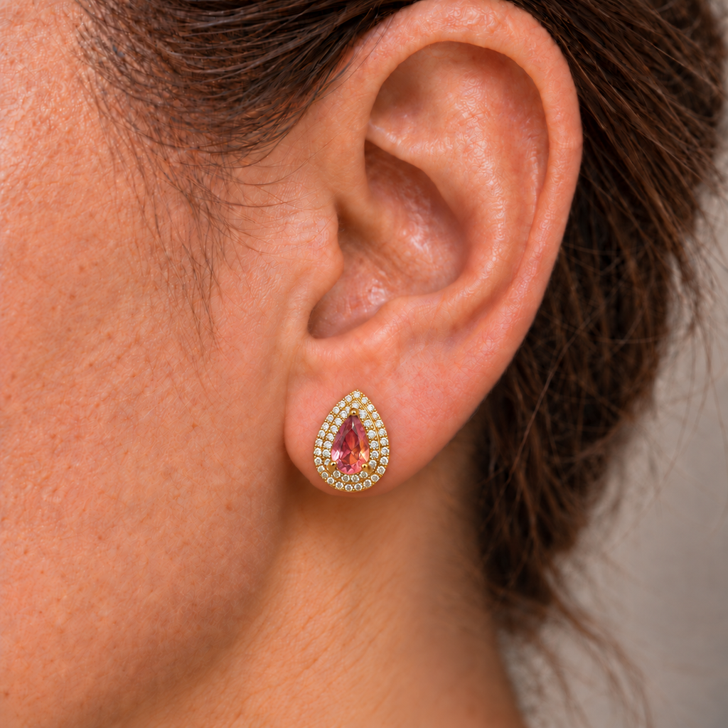 Aros Gota Rubi con Halo Enchapados en Oro 12mm