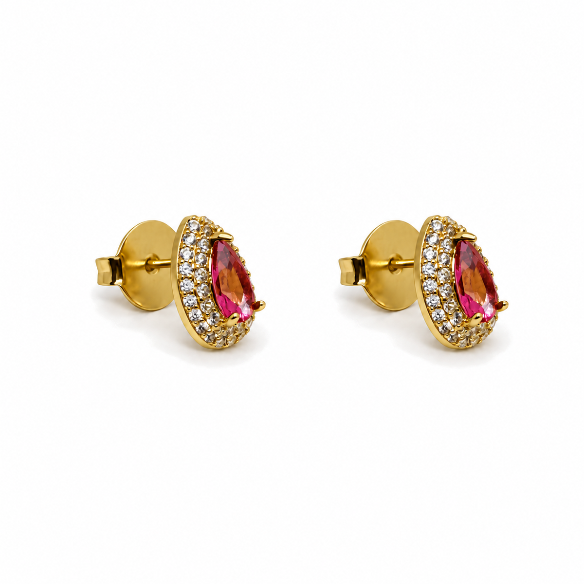 Aros Gota Rubi con Halo Enchapados en Oro 12mm