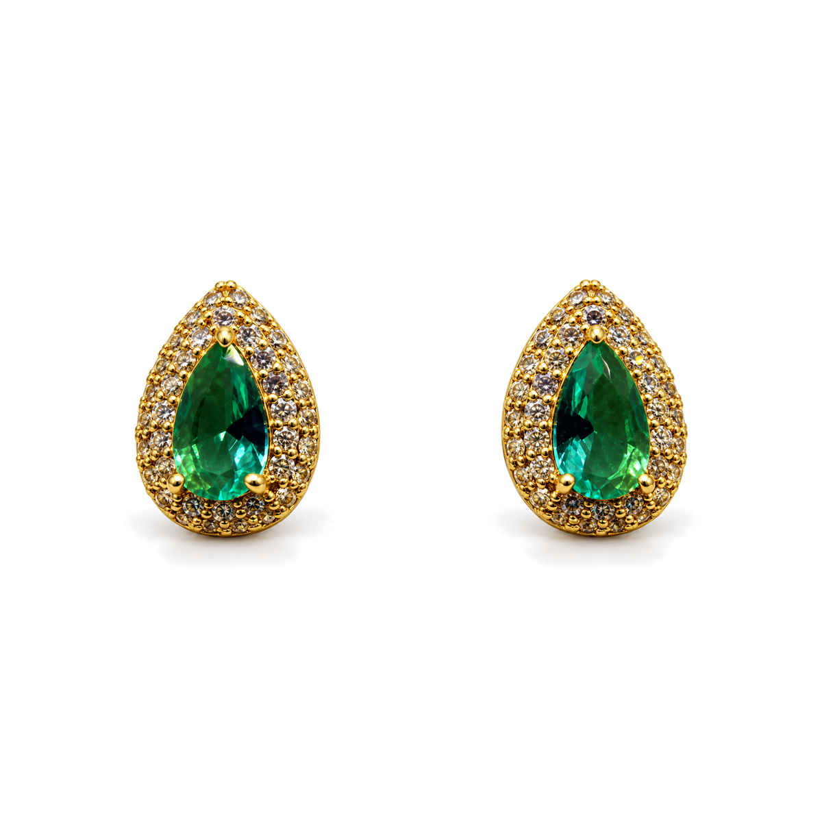 Aros Gota Esmeralda con Halo Enchapados en Oro 12mm