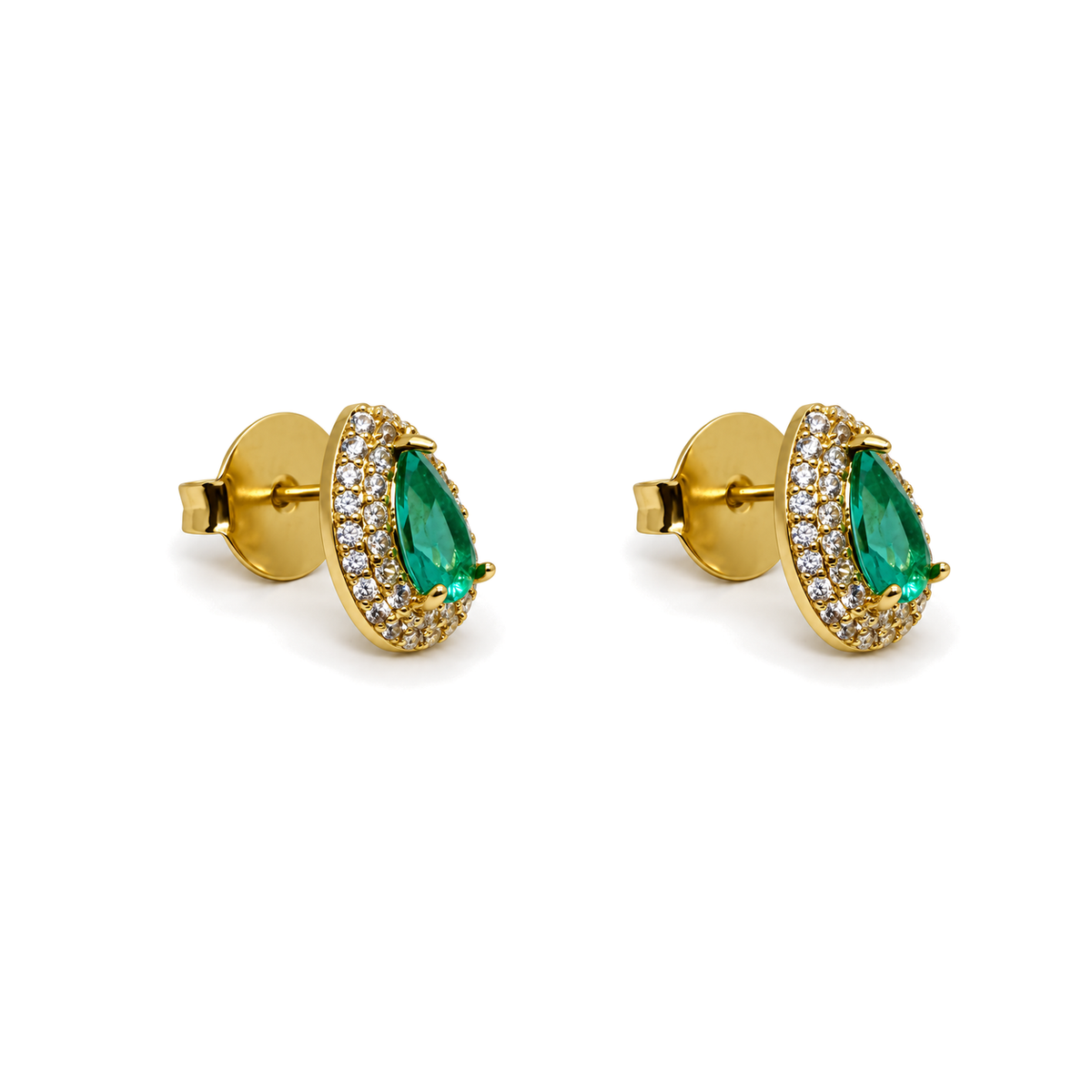 Aros Gota Esmeralda con Halo Enchapados en Oro 12mm