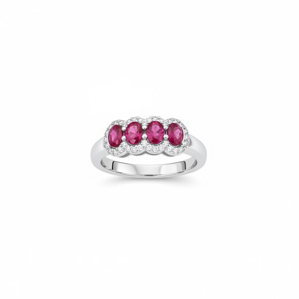 Anillo 4 Rosetas Halo Rubíes Plata 925