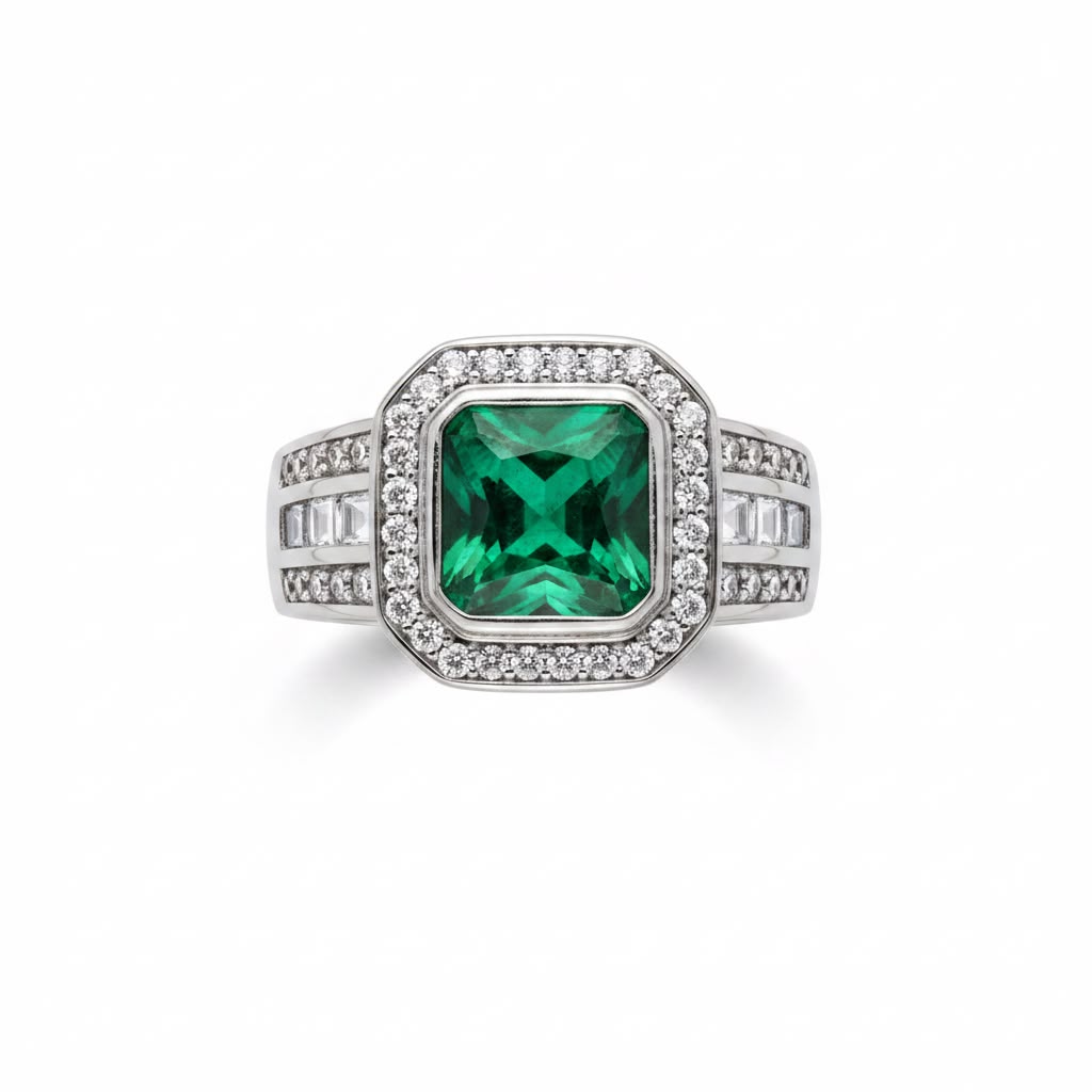 Anillo Sello Esmeralda Halo Plata 925