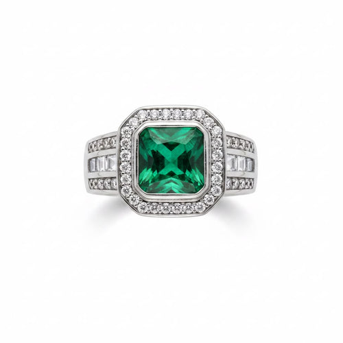Anillo Sello Esmeralda Halo Plata 925