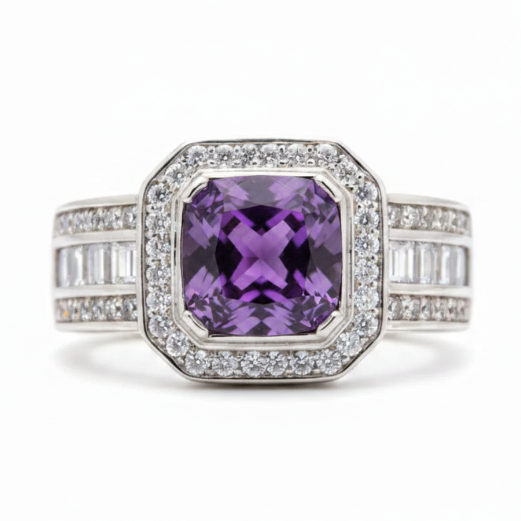 Anillo Amatista con Halo de Circones Plata 925
