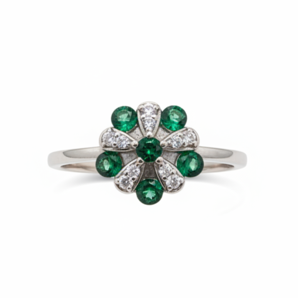 Anillo Flor Esmeraldas y Circones Plata 925