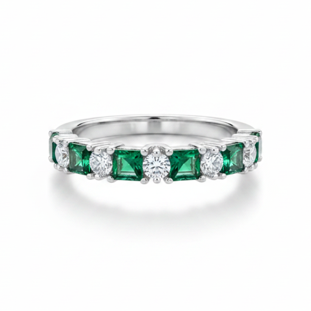Anillo Medio Cintillo Esmeraldas y Circones Plata 925