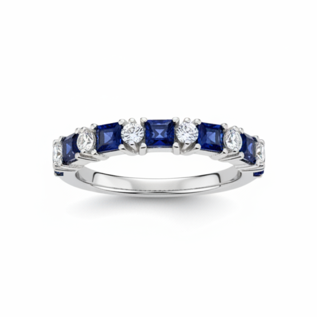 Anillo Media Eternidad Zafiros Azules y Circones  Plata 925