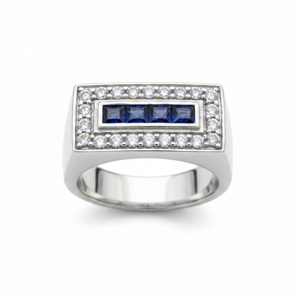 Anillo Sello Zafiros Azules y Circones Plata 925