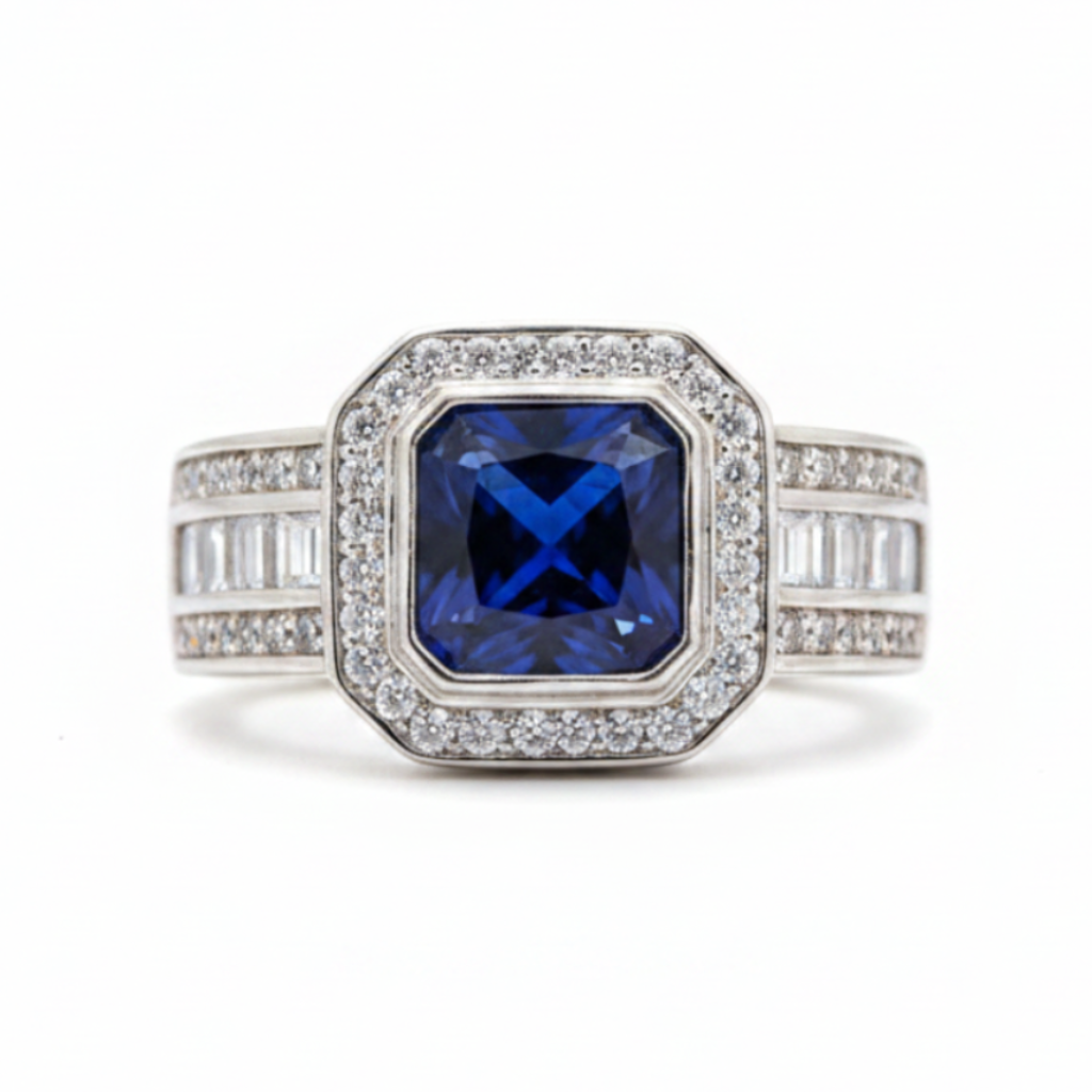Anillo Zafiro Azul con Halo de Circones Plata 925