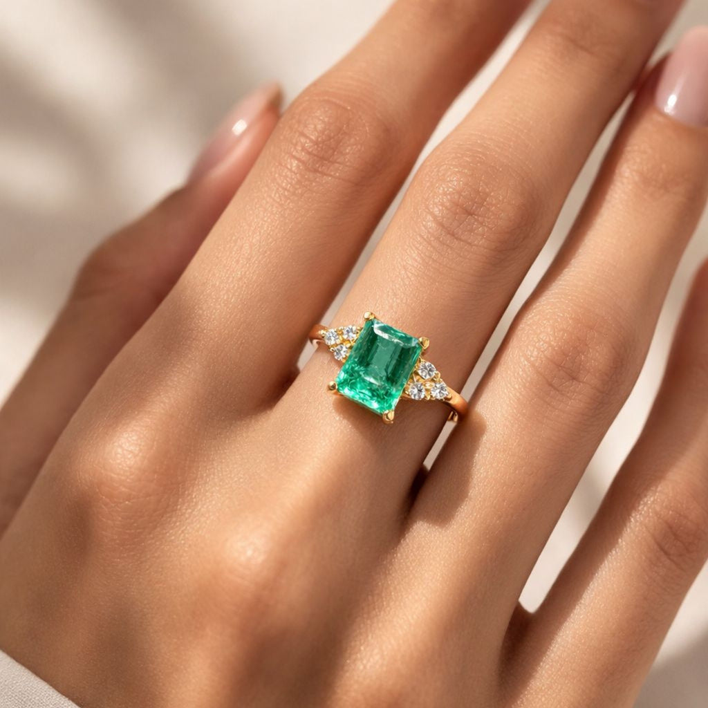 Anillo Esmeralda Rectangular con Diamantes de Oro de 19k
