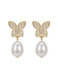 Aros Mariposas Perlas Colgantes Enchapado en Oro 18K
