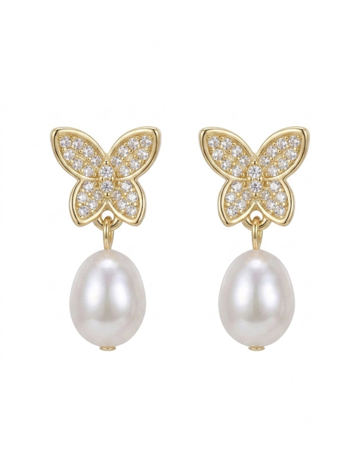 Aros Mariposas Perlas Colgantes Enchapado en Oro 18K