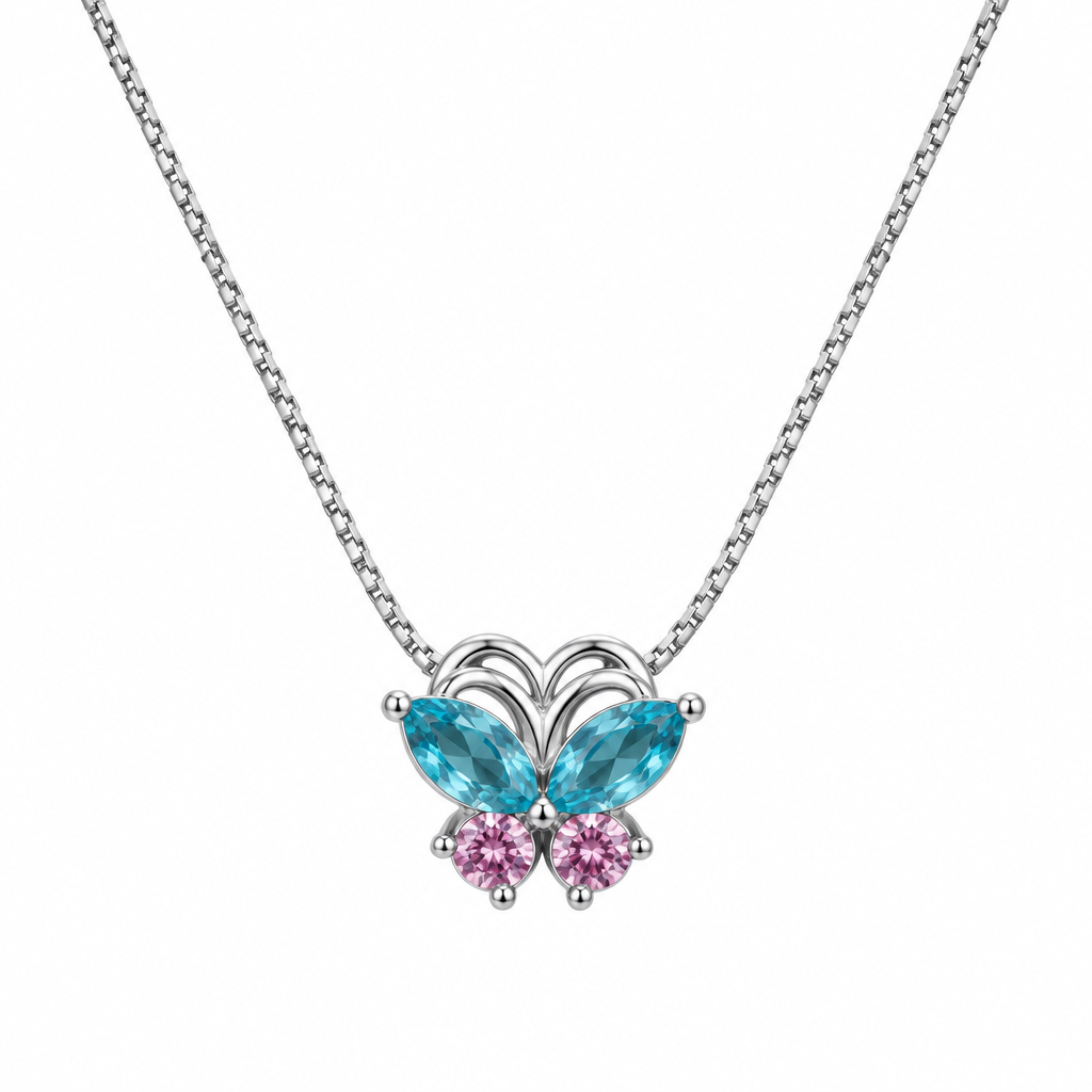 Collar Mariposa Bicolor Celeste y Rosa de Plata 925 45 cm