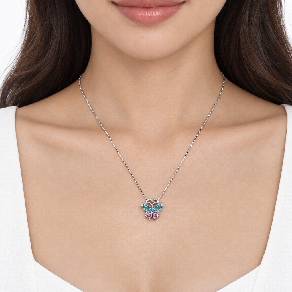 Collar Mariposa Bicolor Celeste y Rosa de Plata 925 45 cm