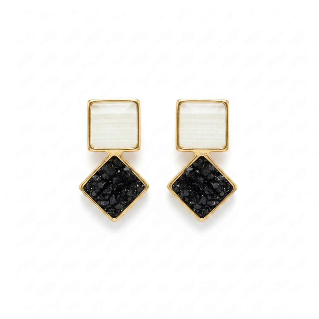 Aros Cuadrado Rombo Onix Enchapados en Oro de 18k