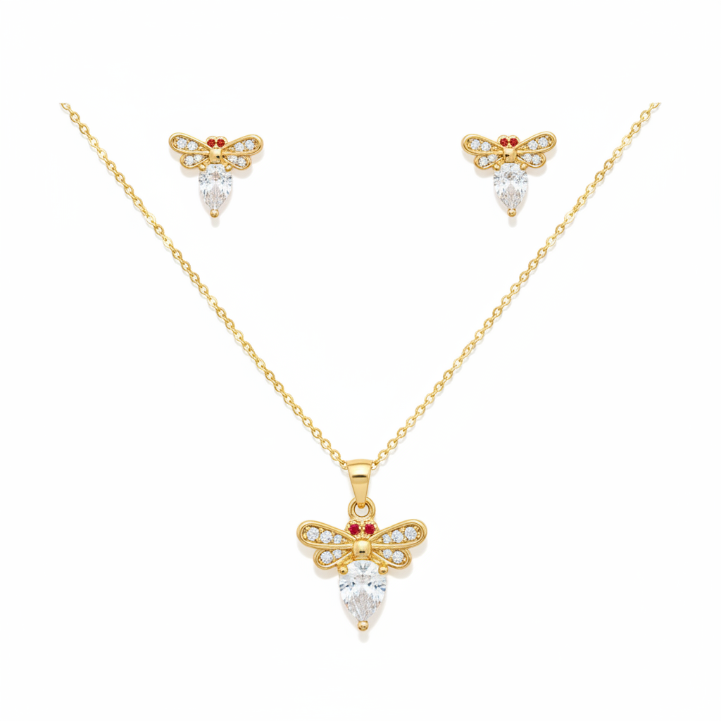 Aros + Cadena Libélula Cristales Enchapado en Oro de 18k