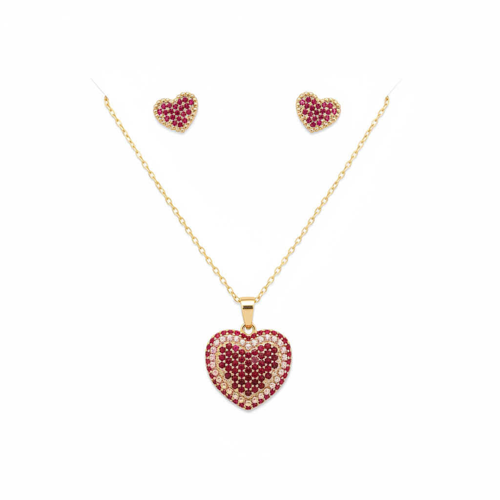 Aros + Cadena Corazones Cristales Enchapado en Oro de 18k