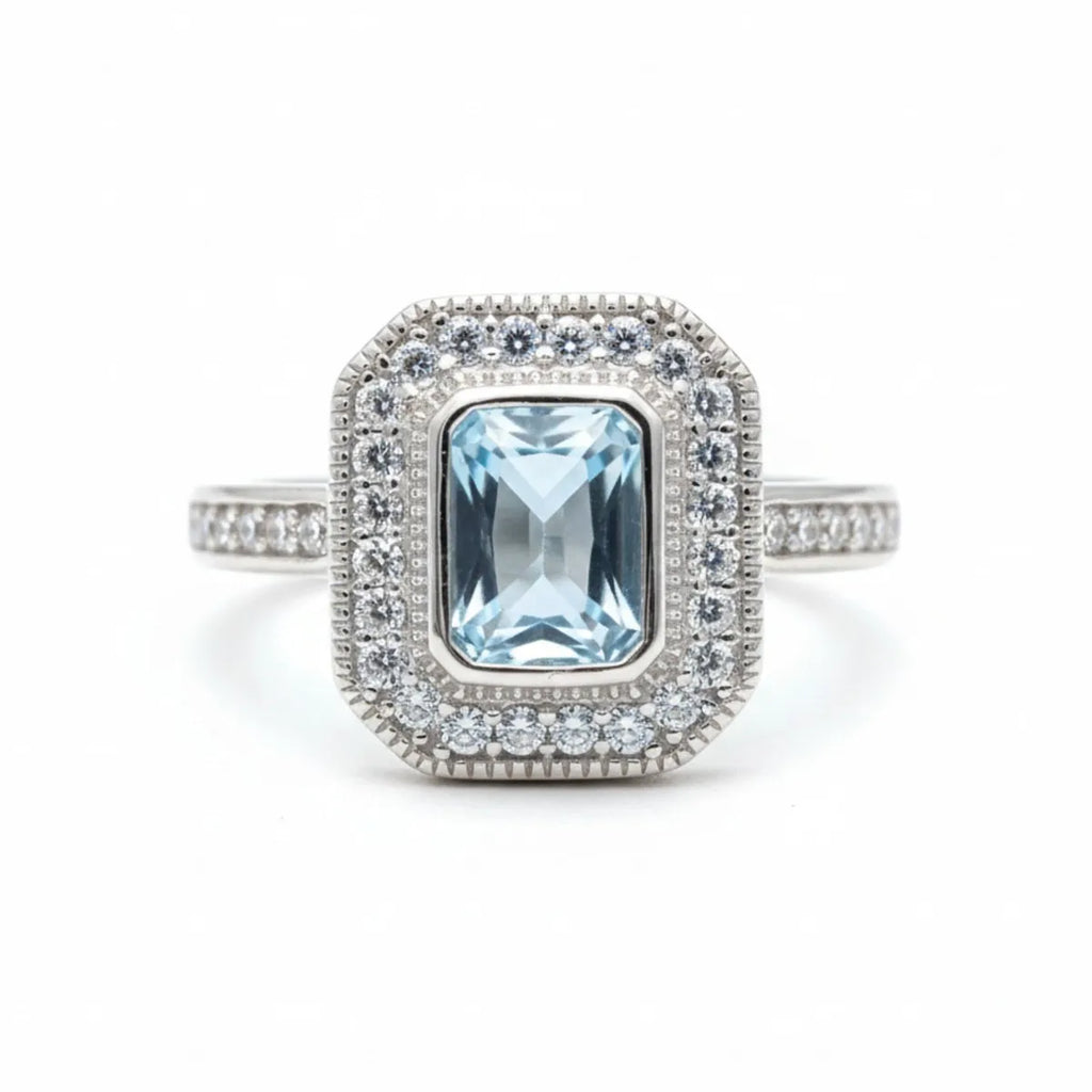 Anillo Vintage Rectangular Agua Marina Plata 925
