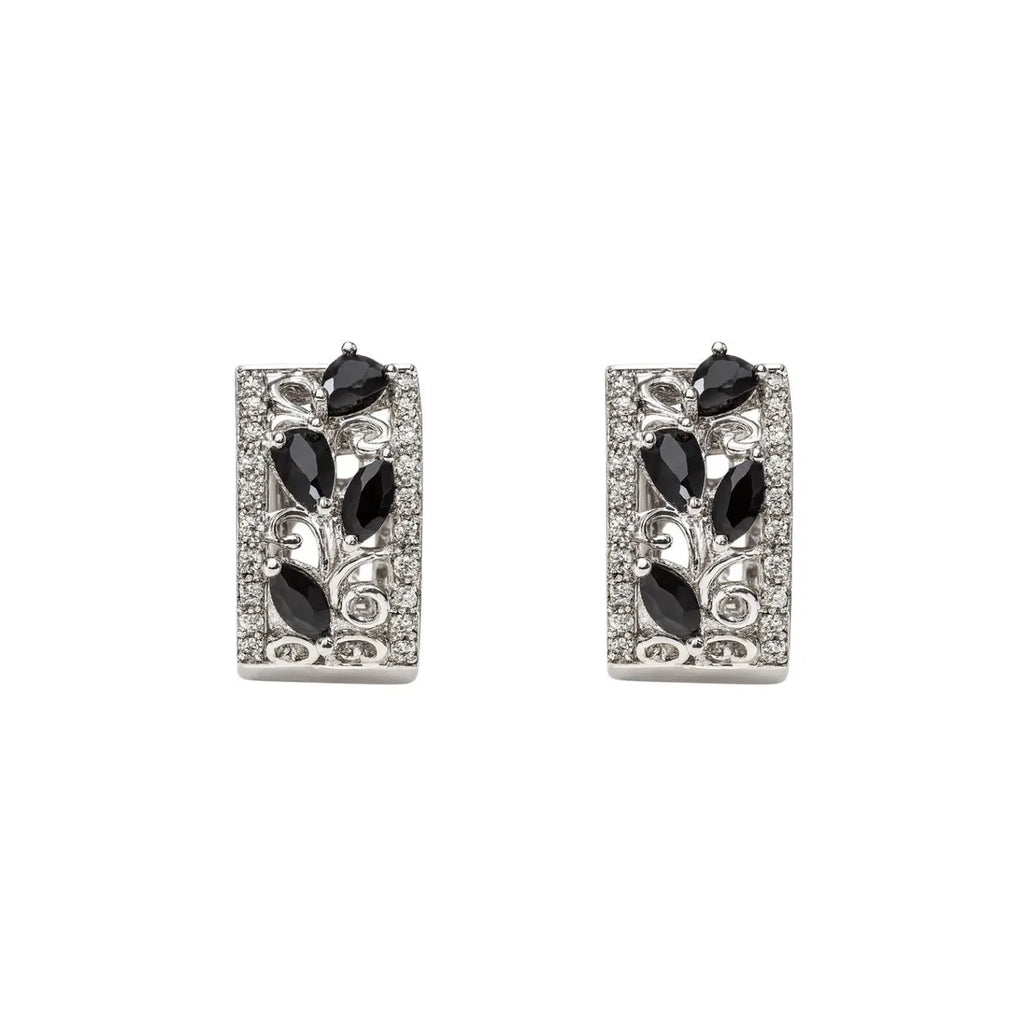 Aros Argollas Pétalos Negros Enchapado en Rodio 18mm