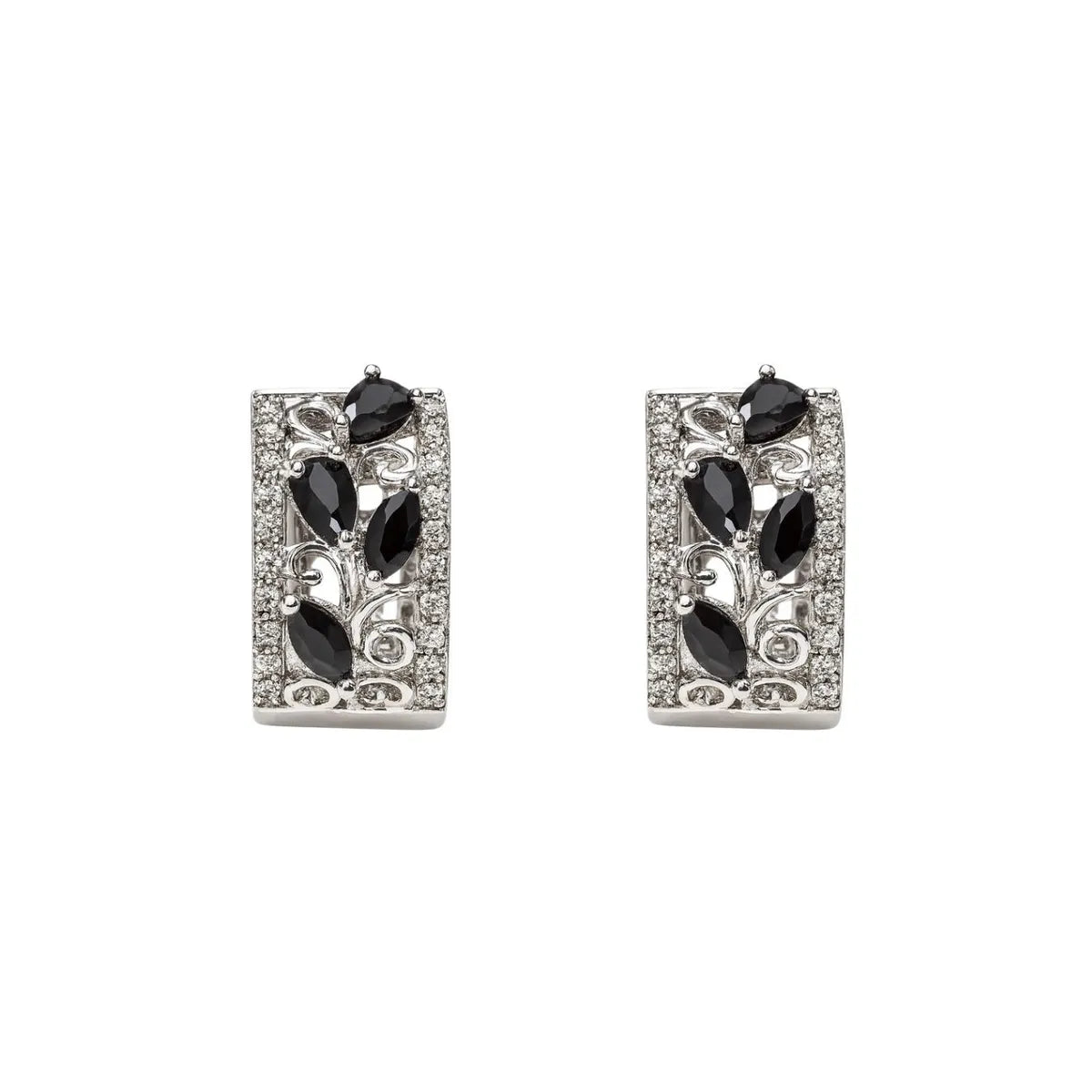 Aros Argollas Pétalos Negros Enchapado en Rodio 18mm