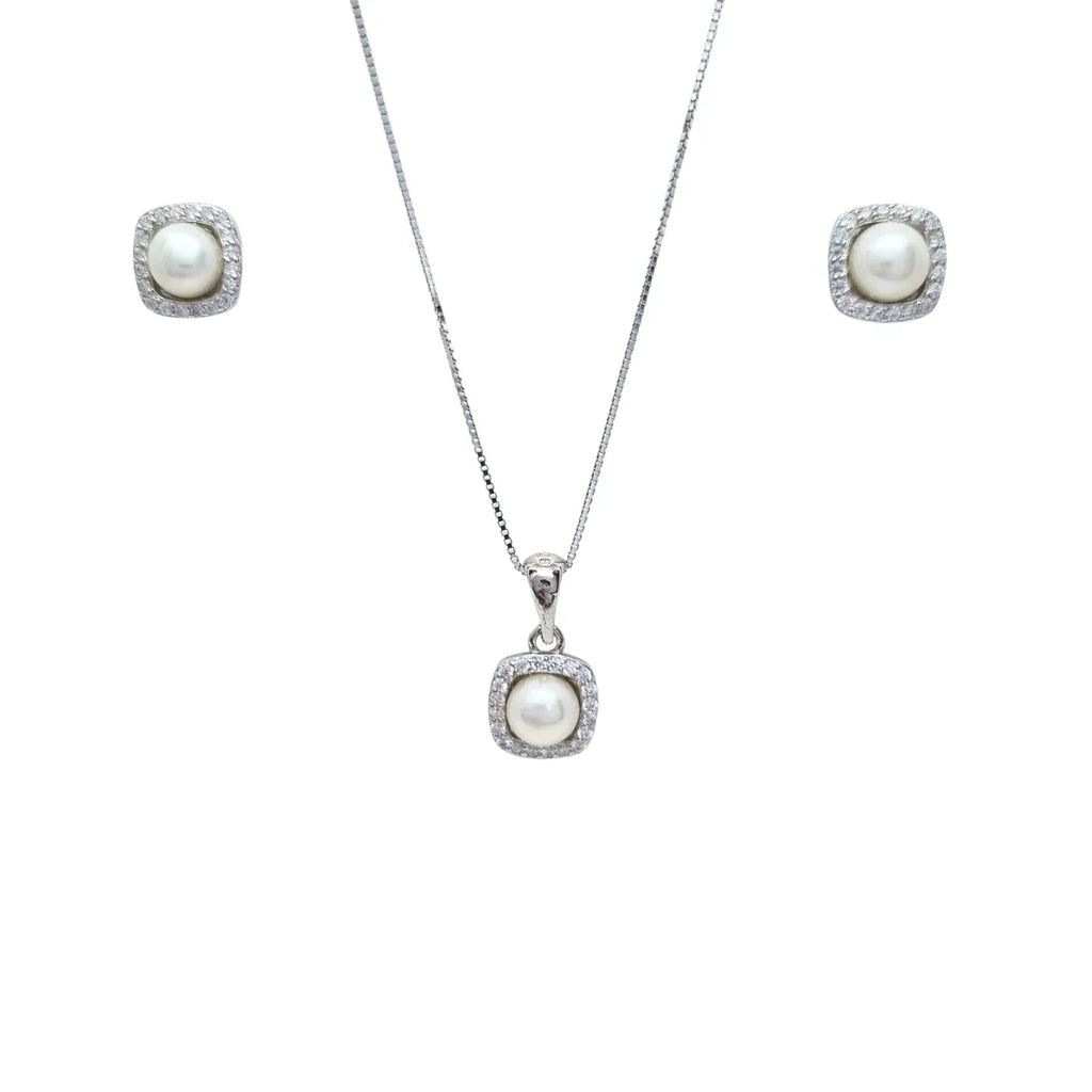 Collar + Aros Rectangular con Perla Rodinado 45cm Plata 925