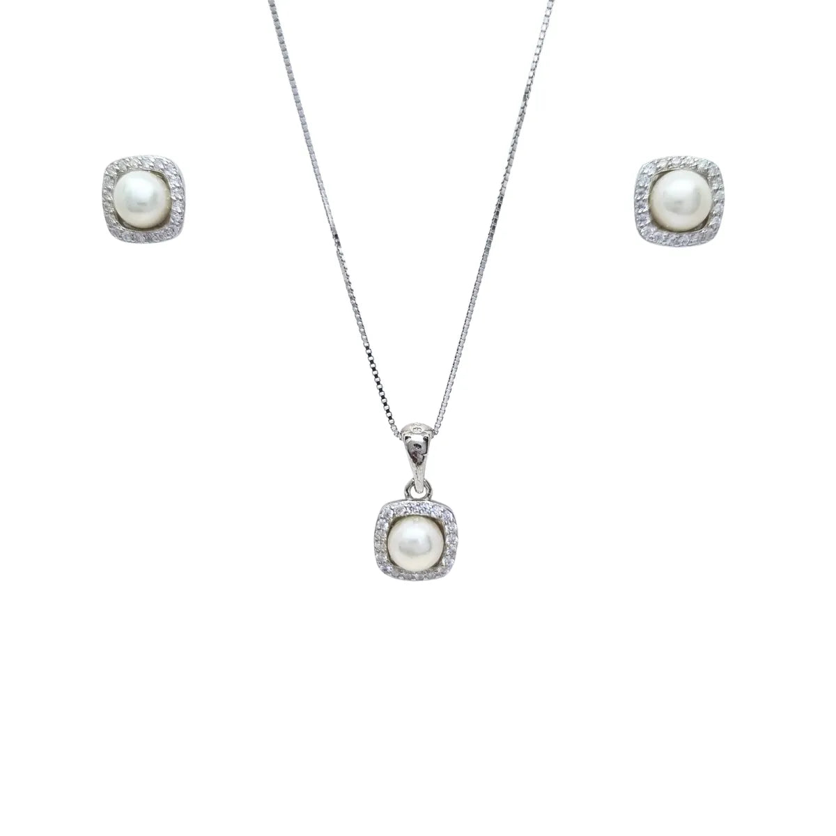 Collar + Aros Rectangular con Perla Rodinado 45cm Plata 925