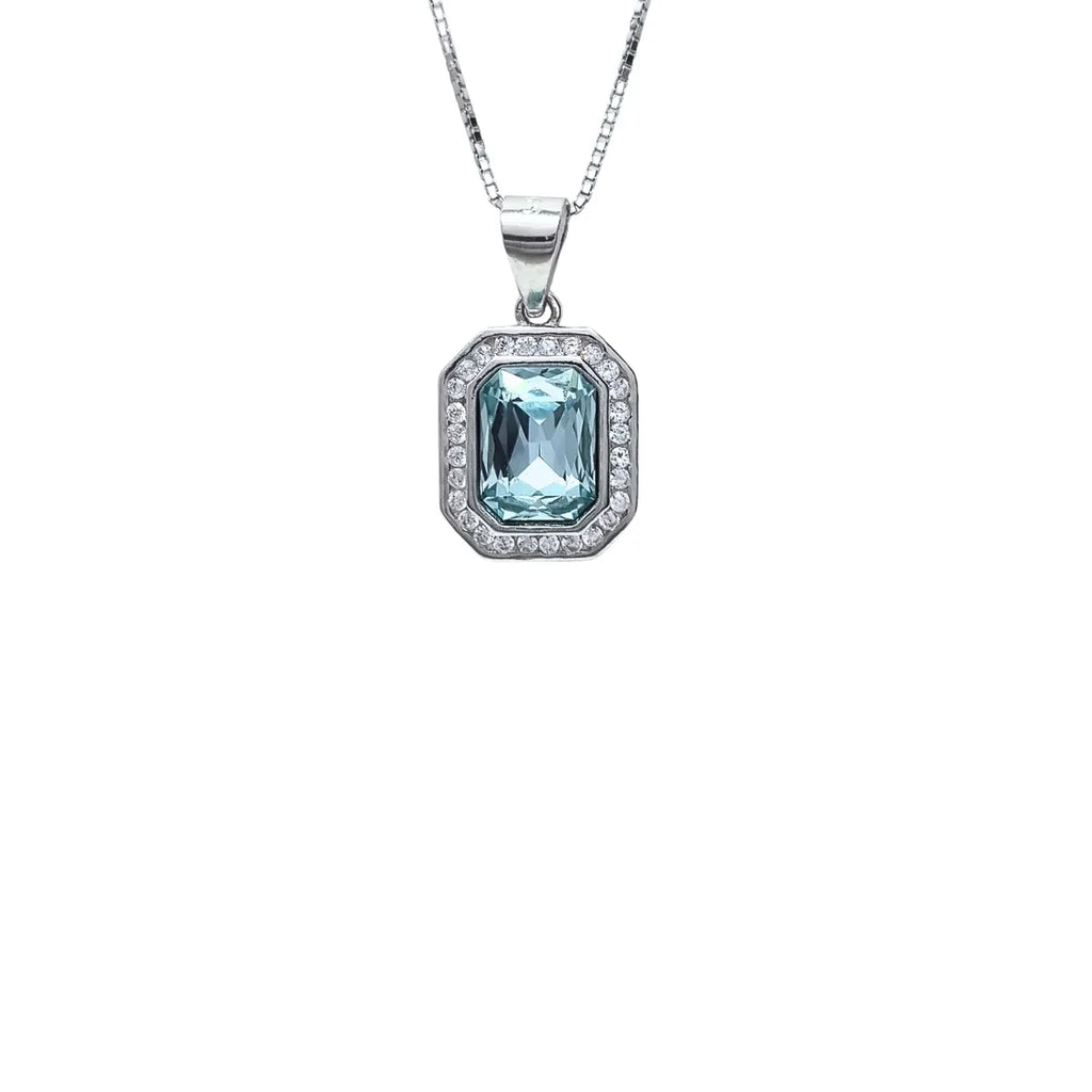 Collar + Aros Rectangular Agua Marina Rodinado 45cm Plata 925