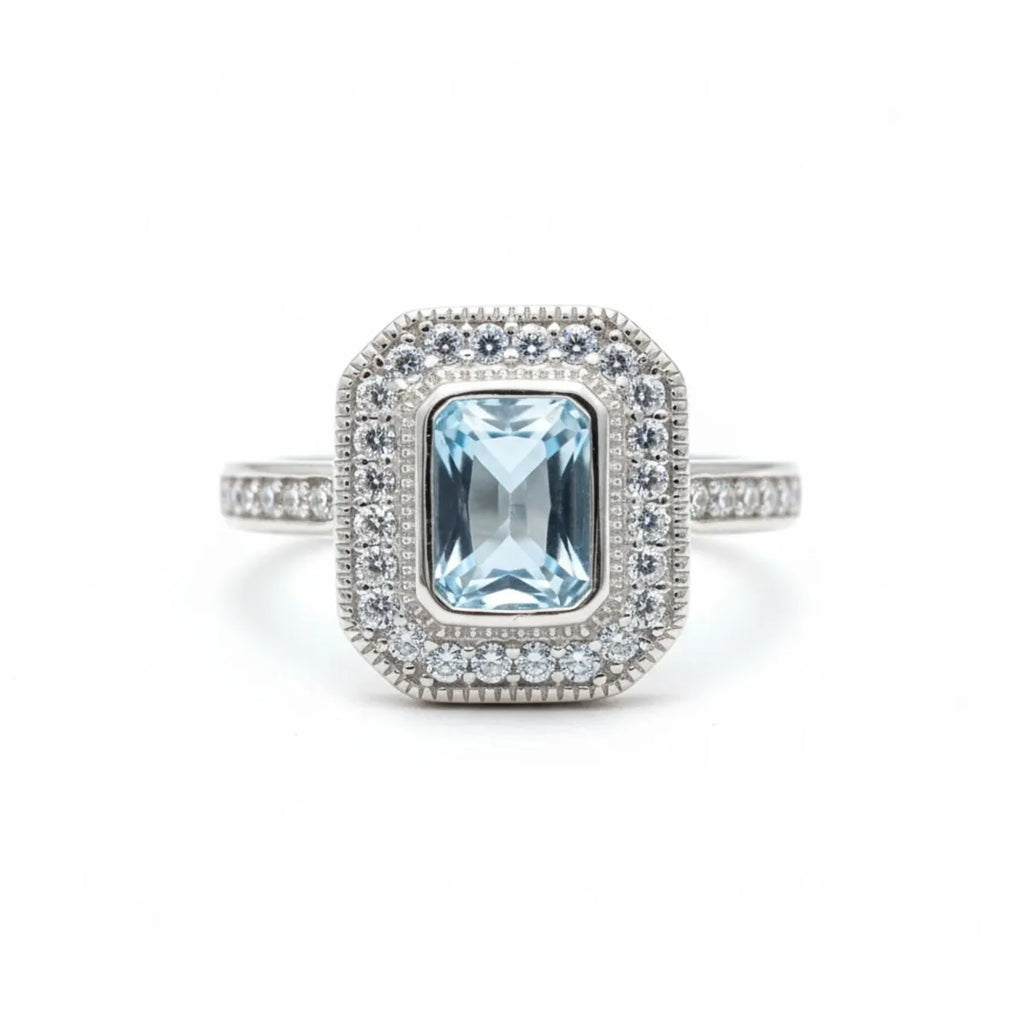 Anillo Vintage Rectangular Agua Marina Plata 925