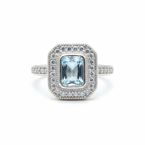 Anillo Vintage Rectangular Agua Marina Plata 925