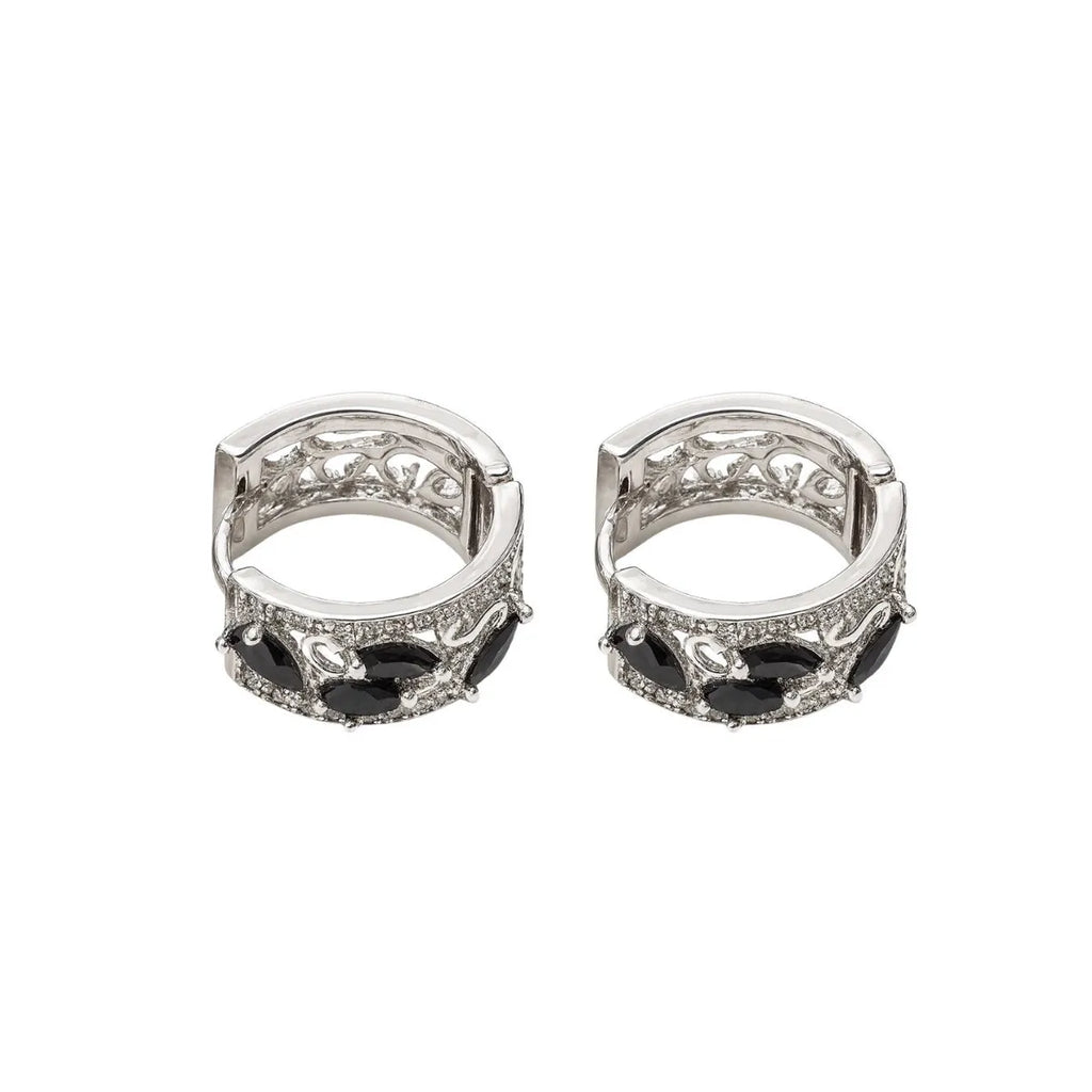 Aros Argollas Pétalos Negros Enchapado en Rodio 18mm