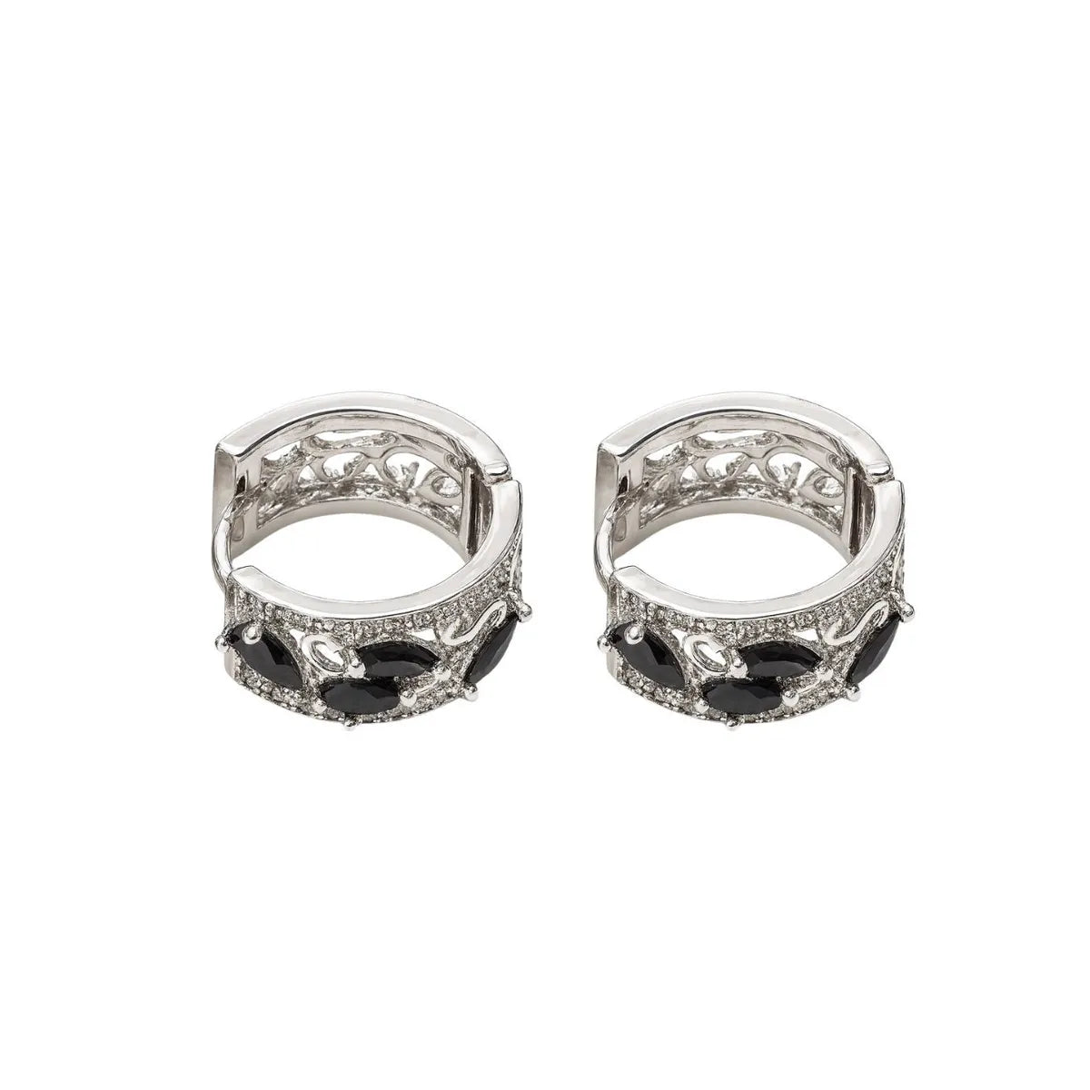 Aros Argollas Pétalos Negros Enchapado en Rodio 18mm