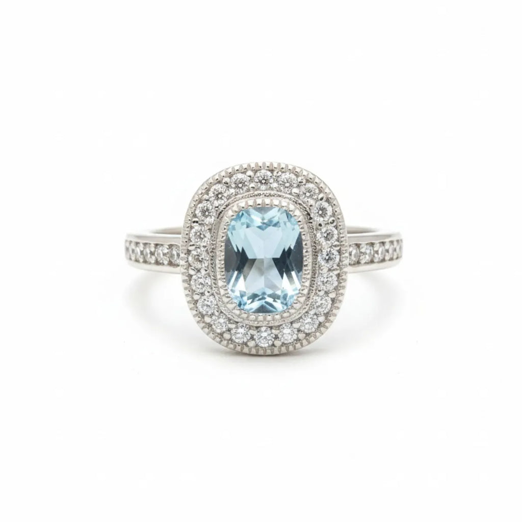 Anillo Vintage Halo Ovalado Agua Marina Plata 925