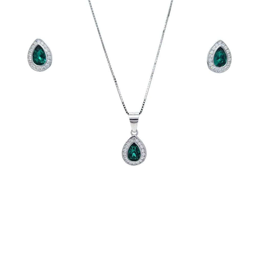 Collar + Aros Gota Esmeralda Rodinado 45cm Plata 925